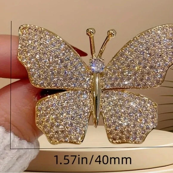 Gold Tone Butterfly Brooch with clear crystals - Picture 2 of 2